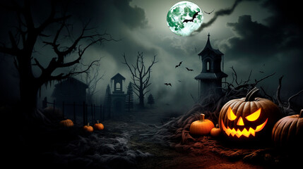 Fototapeta na wymiar halloween field cemetery candle pumpkins fire castle moon night