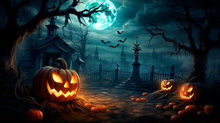 Fototapeta na wymiar halloween field cemetery candle pumpkins fire castle moon
