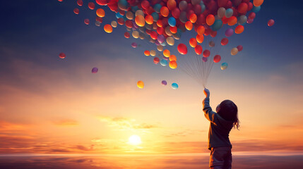 a heartwarming photo of a young child releasing a vibrant bunch of colorful balloons into the sky, symbolizing hope and freedom,
