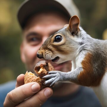Hombre dando de comer una nuez a una ardilla 