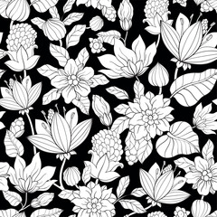 Blooming pattern. Black and white Plant background