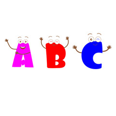 Obraz na płótnie Canvas Cheerful letters A, B, C in bright colors with faces and handles. Can be used in children's books, games, coloring pages