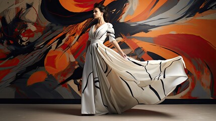 Fototapeta na wymiar Model striking a dramatic pose in haute couture, set against an abstract painted background