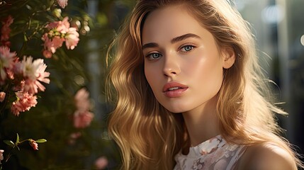 Model with a fresh face, emphasizing natural beauty, set against a floral garden