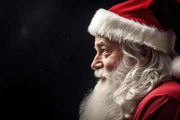 Foto op Canvas santa claus with red pointed hat and white gray beard, side profile, side view, close-up, black background with copy space © Boraryn