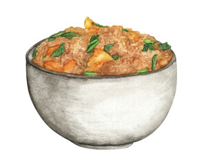 Watercolor painting of Fried rice with egg and green onion in bowl, Chinese food.