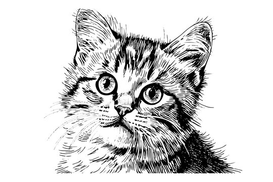 Cute cat portrait hand drawn ink sketch engraving vintage style.Vector illustration.