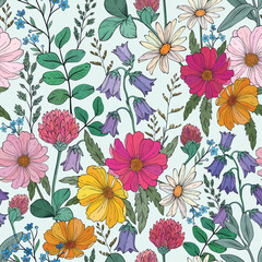 Seamless pattern of different wild herbs and flower