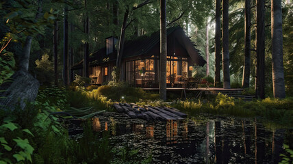 A Serene Glass House in the Forest