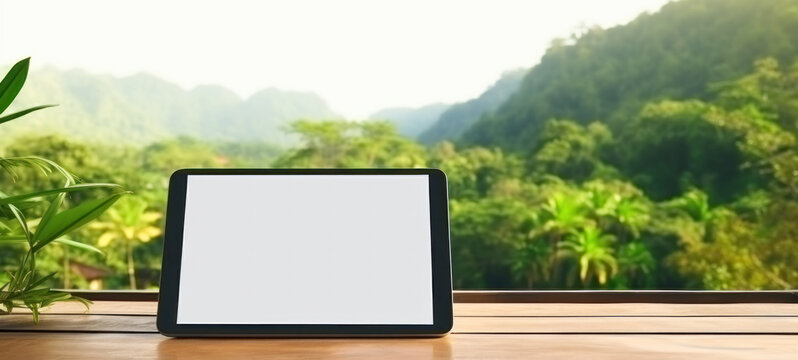 Tablet shows a screen placed on a wooden table, Rainforest, and fog tropics in the background with copy space, blank for text ads, and graphic design..