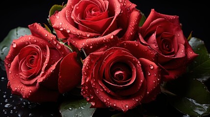 Bouquet of red roses with water drops on the glass. Mother's day concept with a space for a text. Valentine day concept with a copy space.