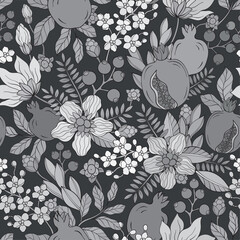 Monochrome Pomegranate fruit and flowers pattern.