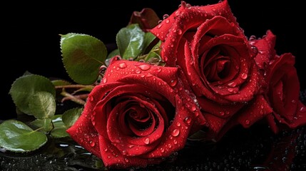 Red roses with rain drops on a dark background. Shallow depth of field. Mother's day concept with a...