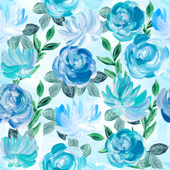 Seamless pattern of abstract painting blue flowers, original hand drawn, impressionism style, color texture, brush strokes of paint,  art background. - 644051883