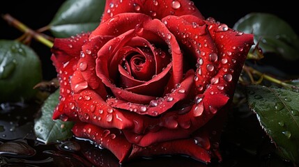Red rose with water splash isolated on black background. Close up. Mother's day concept with a...