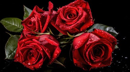 Red roses with rain drops on a dark background. Shallow depth of field. Mother's day concept with a space for a text. Valentine day concept with a copy space.