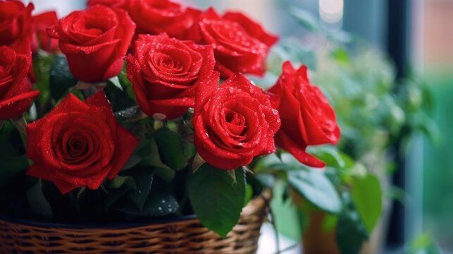 Bouquet of red roses with water drops on the glass. Mother's day concept with a space for a text. Valentine day concept with a copy space.