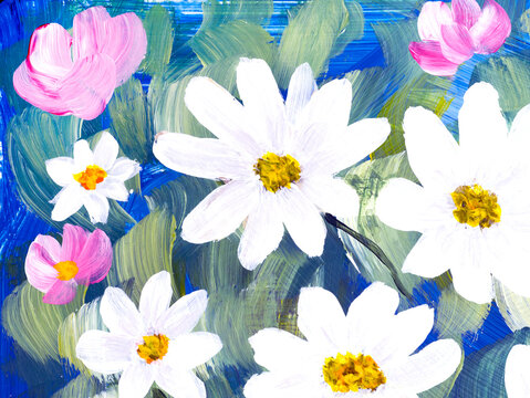 Abstract  daisy flowers, original hand drawn, impressionism style, color texture, brush strokes of paint,  art background.