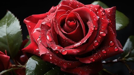 Red rose with water splash isolated on black background. Close up. Mother's day concept with a...