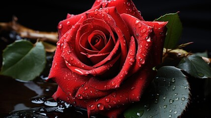 Beautiful red rose with water drops on black background, closeup. Mother's day concept with a space...