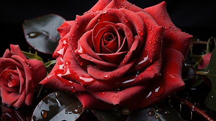 Beautiful red rose with water drops on black background, closeup. Mother's day concept with a space...