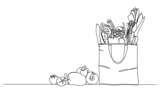 animated continuous single line drawing of shopping bag filled with fresh vegetables, line art animation