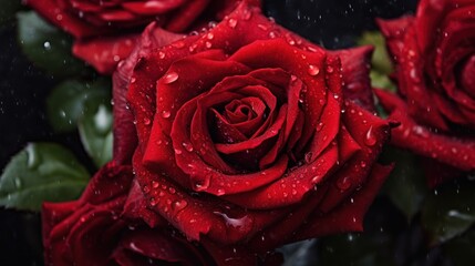 Red roses with water drops on dark background. Valentine's Day. Mother's day concept with a space...