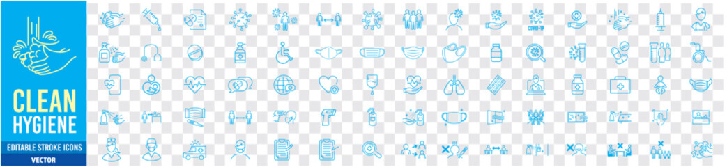 Clean Hygiene Washing hands Bath Mask Shower editable icon set collection vector illustration