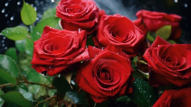 Red roses with rain drops on a dark background. Shallow depth of field. Mother's day concept with a space for a text. Valentine day concept with a copy space.