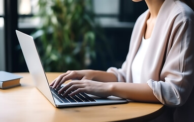 Naklejka premium Hands of young woman in suit using laptop while sitting at workplace in office