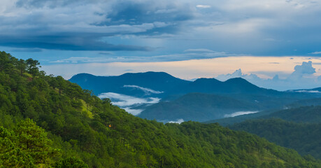 Fototapeta na wymiar Aerial panorama sunset view of the surroundings of Dalat, Vietnam