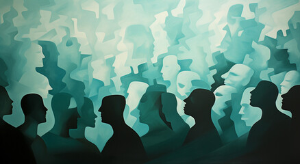 Group silhouette face people from the side in blue hues a Community of colleagues or collaborators concept.