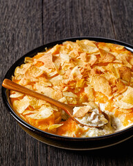 creamy cheesy chicken almond casserole, top view