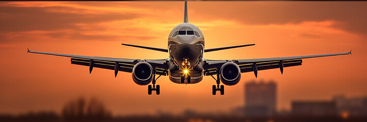	
Commercial airplane flying above clouds at sunset
