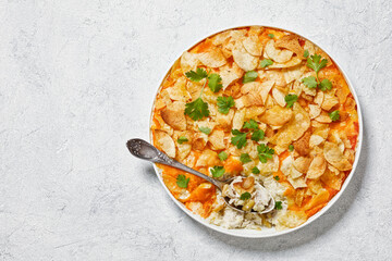 creamy cheesy chicken almond casserole, top view