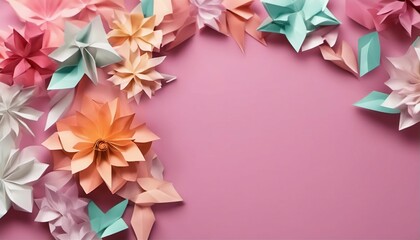 Pink background with origami flowers on the side. AI generated