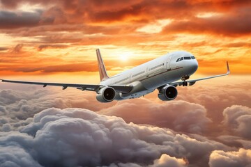 	
Commercial airplane flying above clouds at sunset - obrazy, fototapety, plakaty