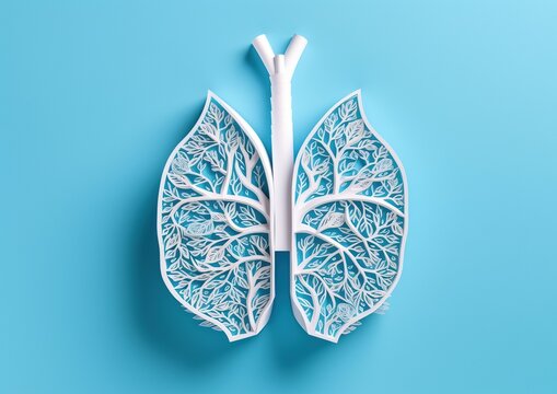 Lungs paper decorative model on blue background. Generative AI - Powered by Adobe
