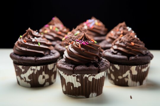 Indulgent chocolate cakes nestled in a cup, set against a pure white canvas