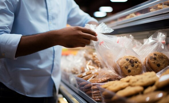 Mans close up action securing cookies inside a plastic bag during grocery shopping