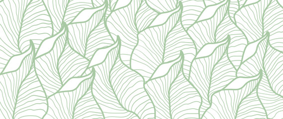 Tropical green leaves wallpaper background, Luxury botanical nature design, golden leaf lines, Hand drawn outline fabric, print, cover, banner and invitation, fabric.