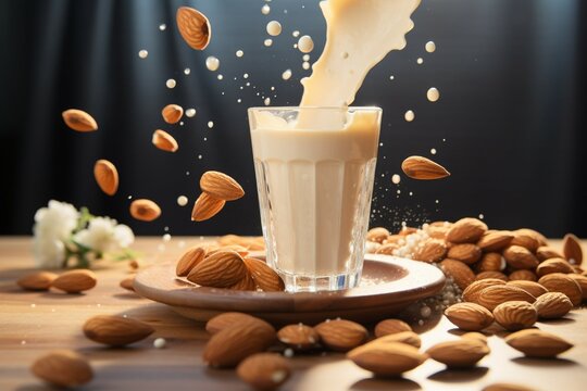 Almonds gracefully dance, tumbling into a milk filled cup amid breathtaking scenery