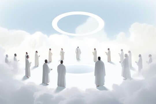 All Saints' Memorial Day. figures of praying saints in a bright space. clouds. spiritual light.