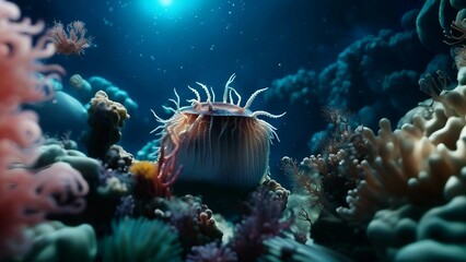 depicting deep sea exploration, with strange sea creatures and biolumine