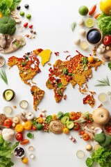 The products for vegan dishes are stacked in the shape of a world map . free space. white background. top view. World Vegan Day.