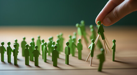 a hand choose takes green person wooden doll Leader stands out from crowd. Looking for good worker. HR, HRM, HRD concepts. - obrazy, fototapety, plakaty