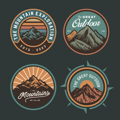 set collection of adventure badge design. Mountains set labels. Mountaineering, climbing, hiking vector illustration. Camping emblem logo with mountain in retro hipster style.