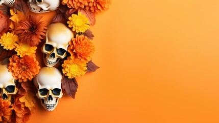 Happy halloween flat lay mockup with autumn flowers, leaves and skull on orange background generative AI