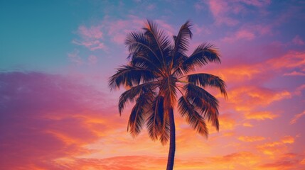 A palm tree is silhouetted against a colorful sunset