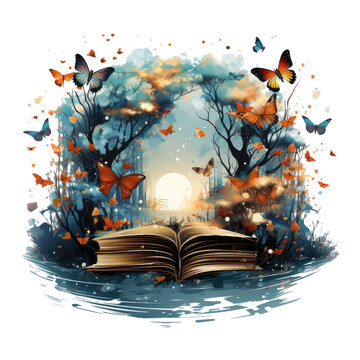  A magical English Butterfly t-shirt design showcasing a butterfly with wings made of book pages, fluttering in a library filled with floating books and glowing orbs of knowledge, Generative Ai